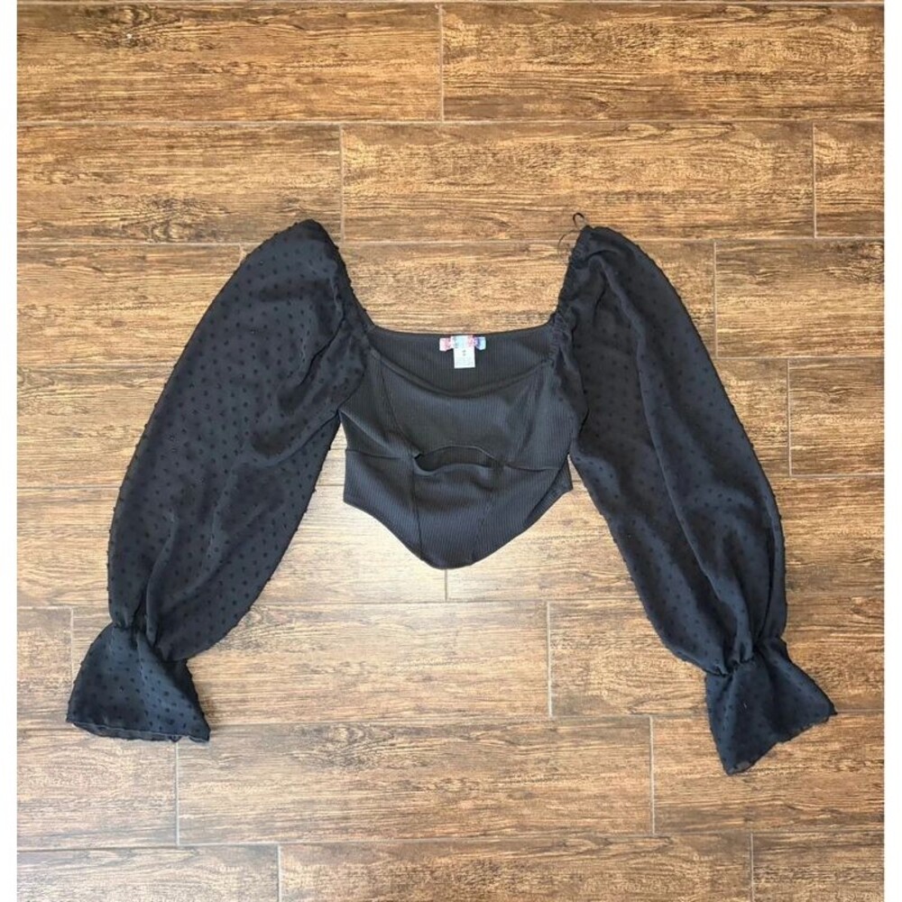 Urban Outfitters Black Swiss Dot Balloon Sleeve Crop Top - M